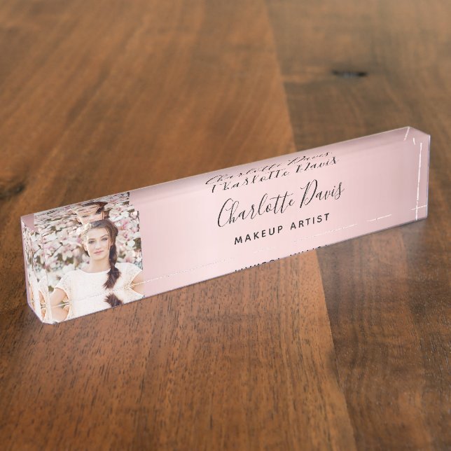 Porte-nom Pour Bureau Photographie rose pâle monogramme signature modern (Taille)
