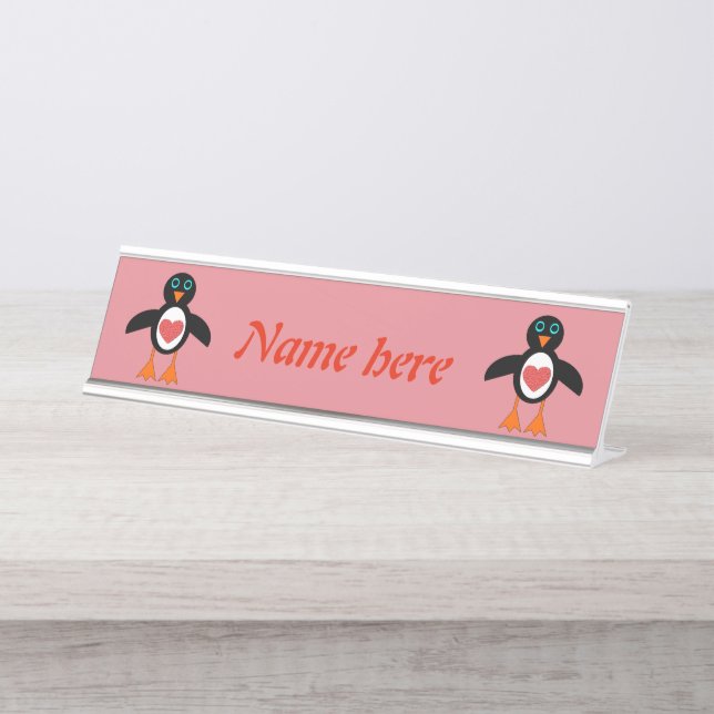 Porte-nom Pour Bureau Pingouin Coeur mignon (Devant)
