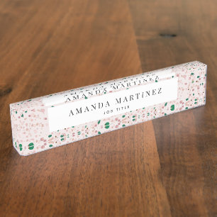 Porte-nom Pour Bureau Pink & Green Terrazzo Motif moderne