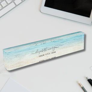 Porte-nom Pour Bureau Plage Été Personalisé Bleu Script Élégant