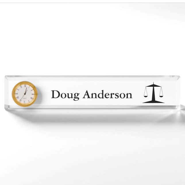 Porte-nom Pour Bureau Plaque signalétique personnalisée w/Clock d'avocat (Devant)