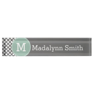 Porte-nom Pour Bureau Pois Pastel Mint & Grey avec Monogramme personnali