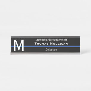 Porte-nom Pour Bureau Police de la Ligne Bleue Mince Monogramme Initial