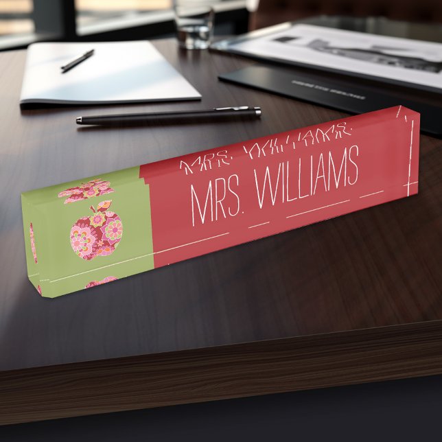 Porte-nom Pour Bureau Pomme d'enseignant personnalisée avec modèle flora (Personalized Teacher Name Plate)