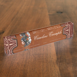 Porte-nom Pour Bureau Portrait floral de lion et de femme