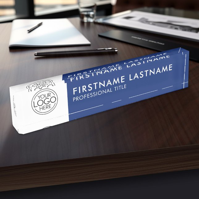 Porte-nom Pour Bureau Professionnel, Moderne Bleu Blanc Logo, Nom, Titre (Personalized Name Plate With Your Logo Here)
