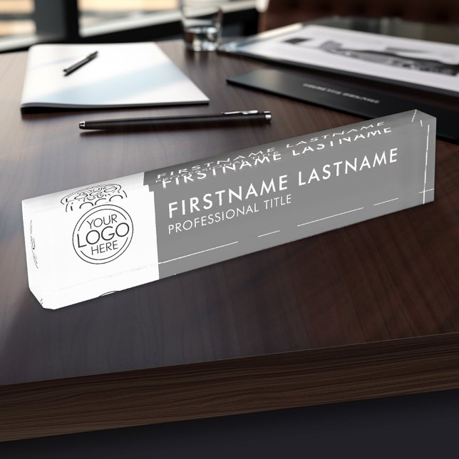 Porte-nom Pour Bureau Professionnel, Moderne Gris Blanc Logo, Nom, Titre (Personalized Name Plate With Your Logo Here)
