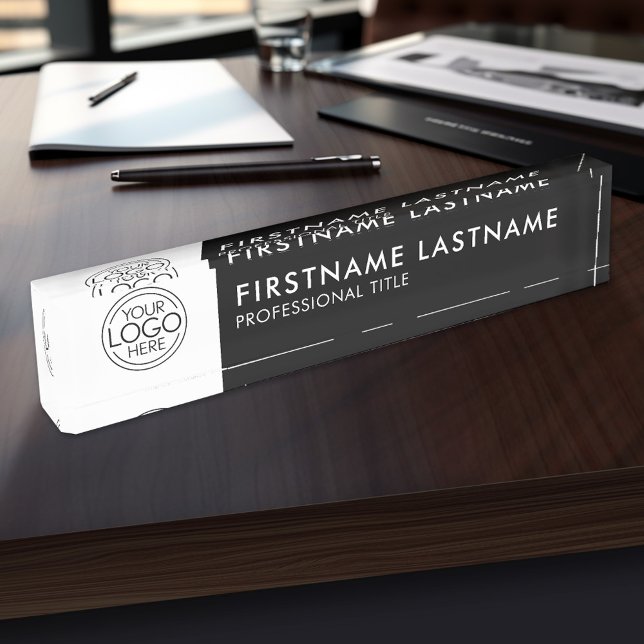 Porte-nom Pour Bureau Professionnel, Noir Blanc Moderne Logo, Nom, Titre (Personalized Name Plate With Your Logo Here)