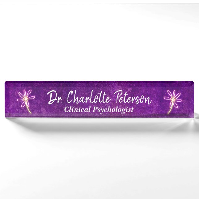 Porte-nom Pour Bureau Purple Neon Daisy Psychologue Floral (Devant)