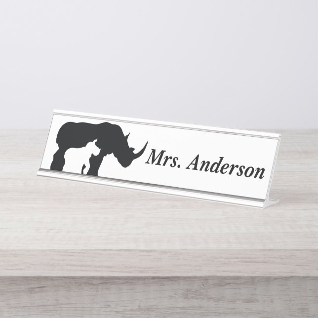 Porte-nom Pour Bureau Rhino noir et blanc (Devant)