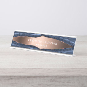 Porte-nom Pour Bureau Rose bleu or agate marbre nom