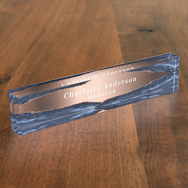 Porte-nom Pour Bureau Rose bleu or agate marbre nom (Taille)