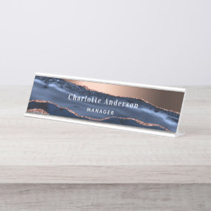 Porte-nom Pour Bureau Rose bleu or agate marbre nom