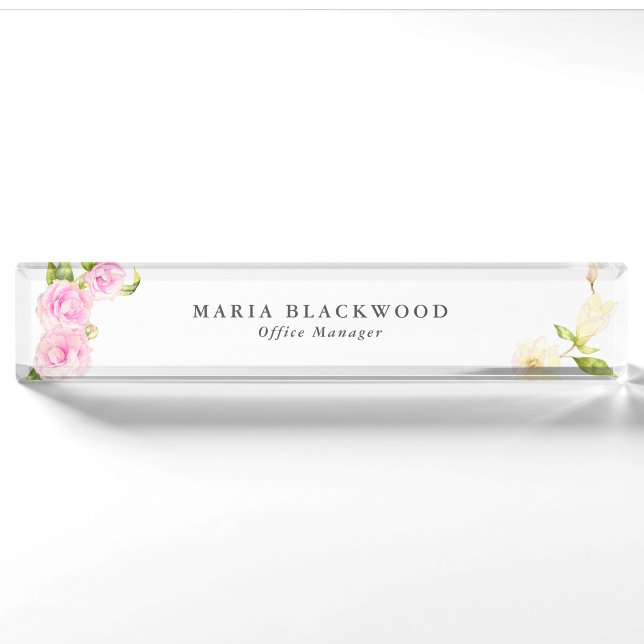 Porte-nom Pour Bureau Rose d'aquarelle et crème floraux (Devant)