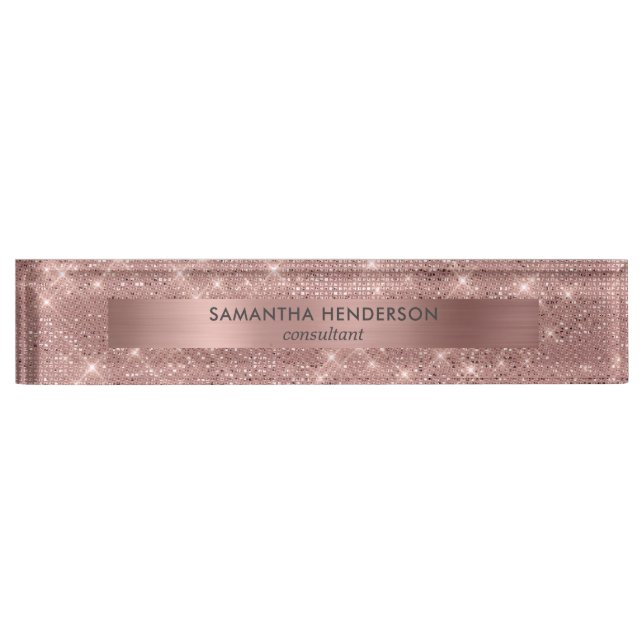 Porte-nom Pour Bureau Rose Gold Faux Shimmer et Foil (Devant)