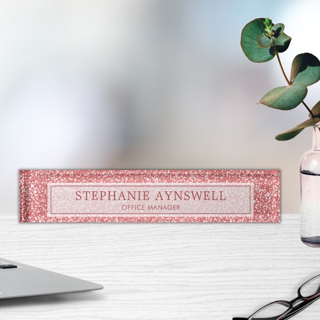 Porte-nom Pour Bureau Rose Gold Parties scintillant Moderne Chic (Créateur téléchargé)