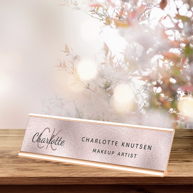 Porte-nom Pour Bureau Rose or blush monogramme moderne professionnel (Créateur téléchargé)