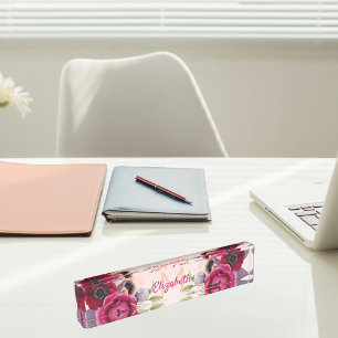 Porte-nom Pour Bureau Rose or bordeaux fleurs luxuriantes nom monogramme