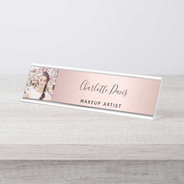 Porte-nom Pour Bureau Rose or photo signature moderne script (Devant)