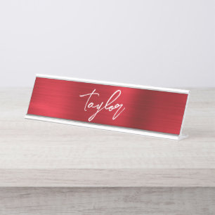 Porte-nom Pour Bureau Rose Rouge Foil Moderne Brush Script Prénom