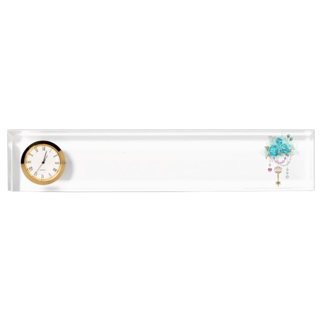 Porte-nom Pour Bureau Roses turquoise avec touches (Devant)