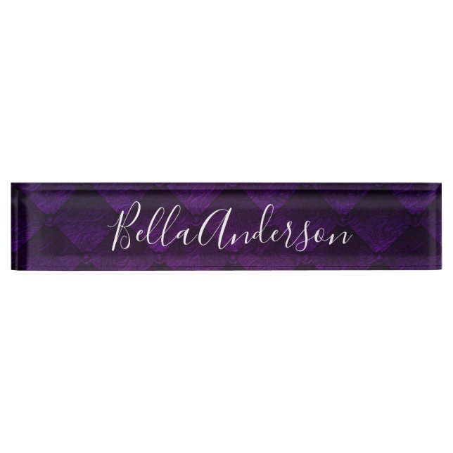 Porte-nom Pour Bureau Royal violet Quilé élégant chic moderne tendance (Devant)