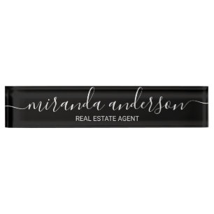 Porte-nom Pour Bureau Script moderne professionnel noir et blanc