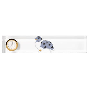 Porte-nom Pour Bureau shetland sheepdog bleu merle blanc et tan silo.pn