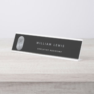 Porte-nom Pour Bureau Silver et noir Monogramme moderne minimaliste