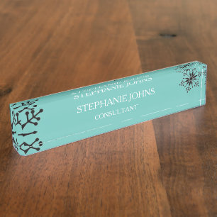 Porte-nom Pour Bureau Snowflakes Motifs hiver Noël Turquoise Bleu