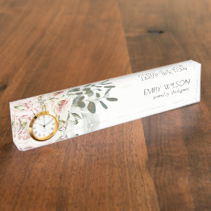 Porte-nom Pour Bureau Soft Chic Blush Pink Peony Feuilleté Botanique Flo