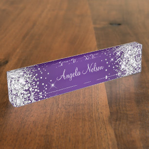 Porte-nom Pour Bureau Sparkly Silver Parties scintillant Royal Purple Om