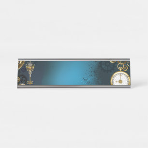 Porte-nom Pour Bureau Steampunk Arrière - plan turquoise avec Gears