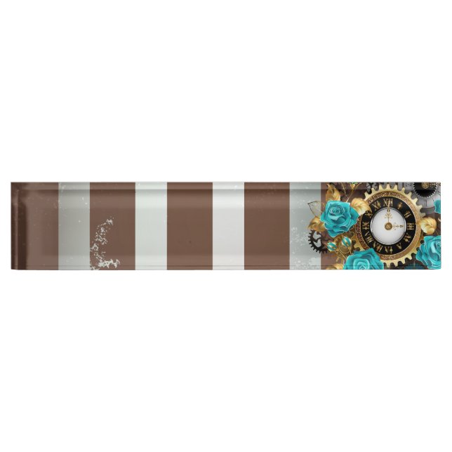 Porte-nom Pour Bureau Steampunk Clock and Turquoise Roses on Striped (Devant)