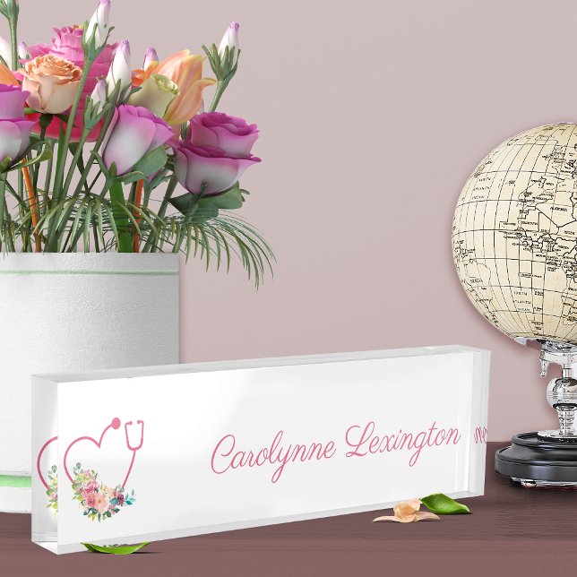 Porte-nom Pour Bureau Stethoscope rose Floral Coeur Infirmière Médicale  (Créateur téléchargé)