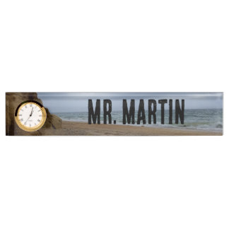 Porte-nom Pour Bureau Stormy Cliffside Beach Ocean View Horloge Nom Plaq