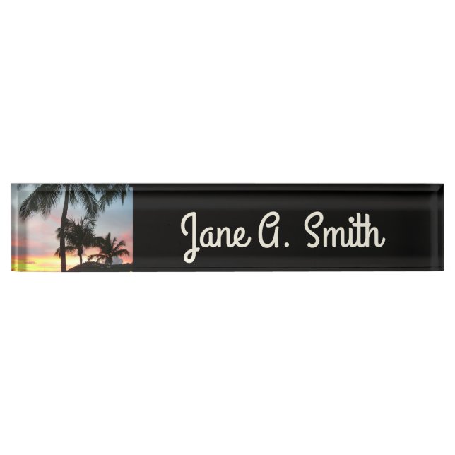 Porte-nom Pour Bureau Sunset Palms Tropical Paysage Photographie (Devant)