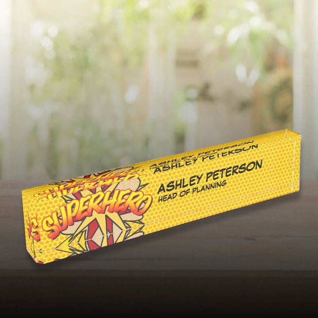 Porte-nom Pour Bureau SUPERHERO Fun Retro Comédie livre (SUPERHERO Fun Retro Comic Book Desk Name Plate)