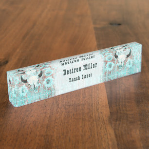 Porte-nom Pour Bureau Taureau Rustique Turquoise Ouest Taureau Taureau S