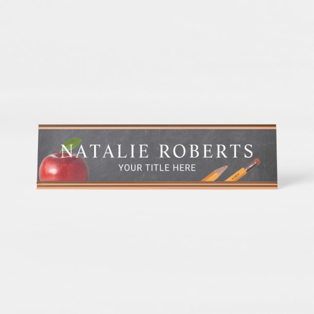 Porte-nom Pour Bureau Teacher Apple & Pencils Chalkboard (Devant)