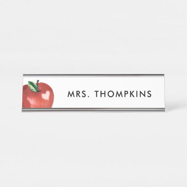 Porte-nom Pour Bureau Teacher Pomme Coeur Rouge Aquarelle (Devant)