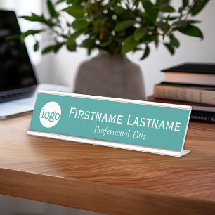 Porte-nom Pour Bureau Teal et blanc - logo, nom, titre professionnel