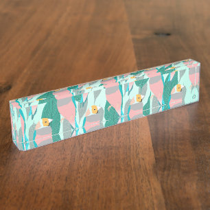 Porte-nom Pour Bureau Tendance rose arc-en-ciel Finch Bird & Green Folia