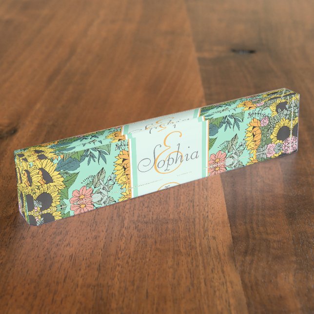 Porte-nom Pour Bureau Tendance tournesol jaune et rose roses design (Taille)