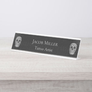 Porte-nom Pour Bureau Tête De Crâne Gothique Artiste De Tatouage Noir 