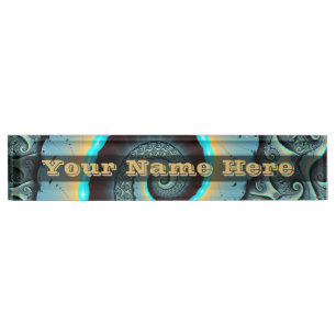 Porte-nom Pour Bureau Texte de spirale fractale abstraite bleu turquoise