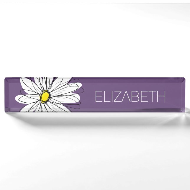 Porte-nom Pour Bureau Texte personnalisé marguerite mauve et jaune (Devant)