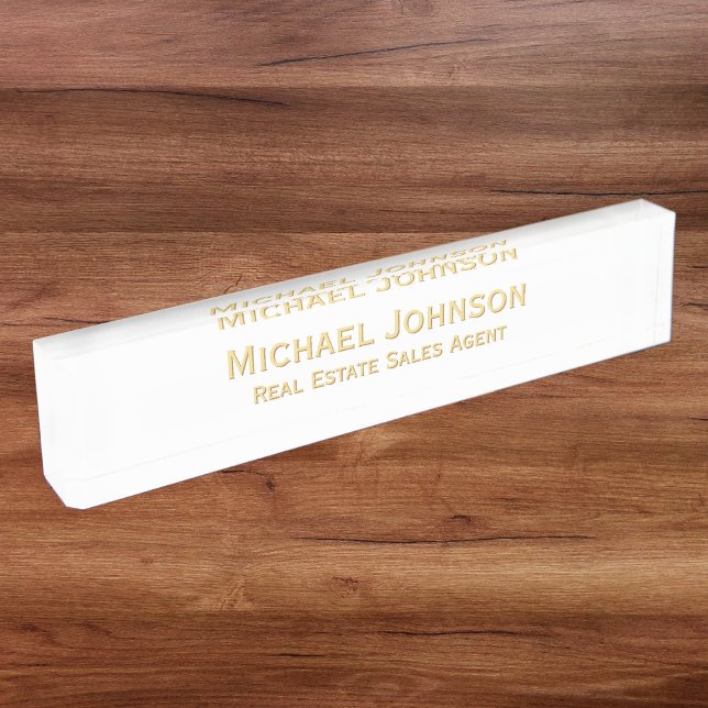 Porte-nom Pour Bureau Titre du bureau professionnel White Faux Gold (Modern White Faux Gold Professional Office Title Name Plate)