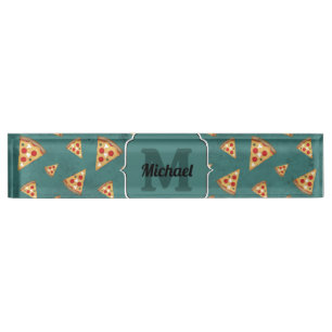 Porte-nom Pour Bureau Tranches de pizza cool motif sarcelle vintage Mono