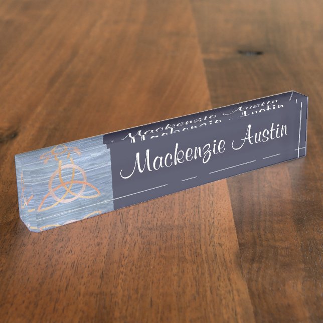 Porte-nom Pour Bureau Triquetra Abstrait | Blue Gold Celtic Trinity Knot (Taille)